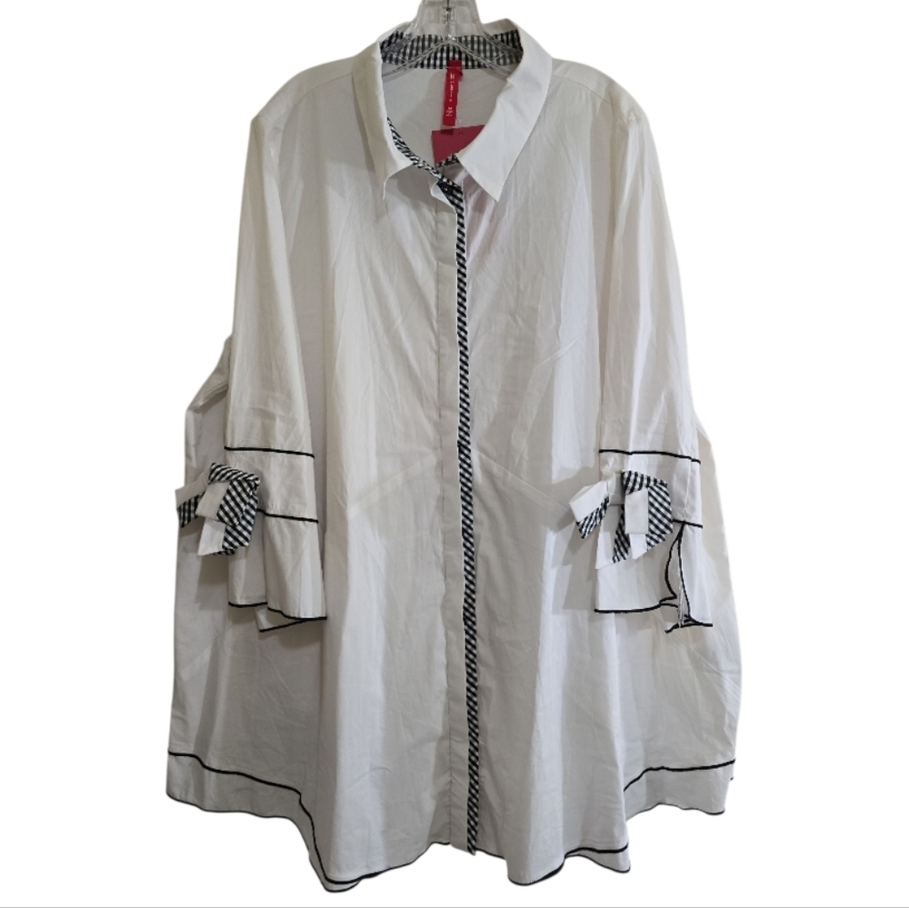 NWT IC by Connie K White Button Down A-line Tunic Top 1X Gingham Trim Bow Cuffs - Picture 3 of 12